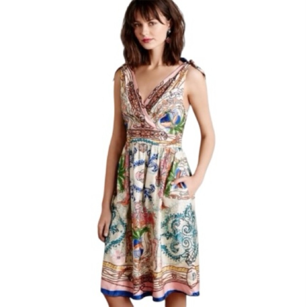 Anthropologie Collette Dinnigan Tied Acionna Silk Dress, Midi Size 4